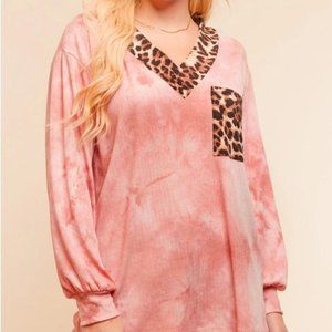 Mauve Ribbed Tie Dye Long Sleeve Leopard Blouse